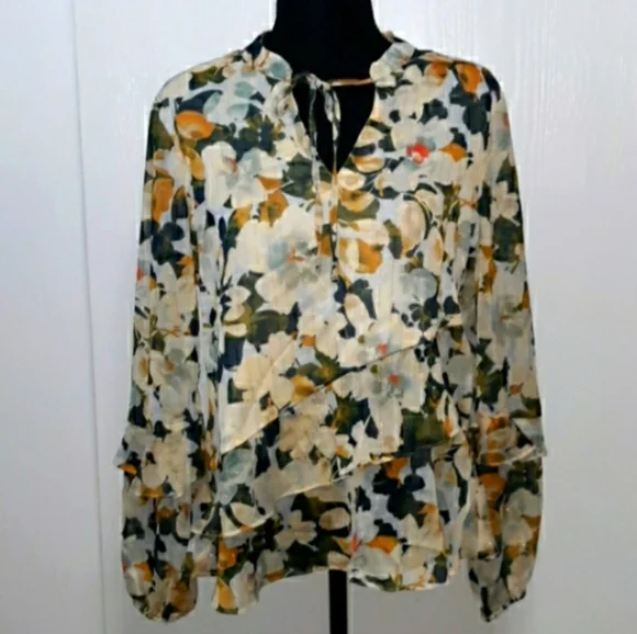 Zac & Rachel Metallic Sheer Floral Ruffle Blouse Size M NWT - Picture 2 of 10